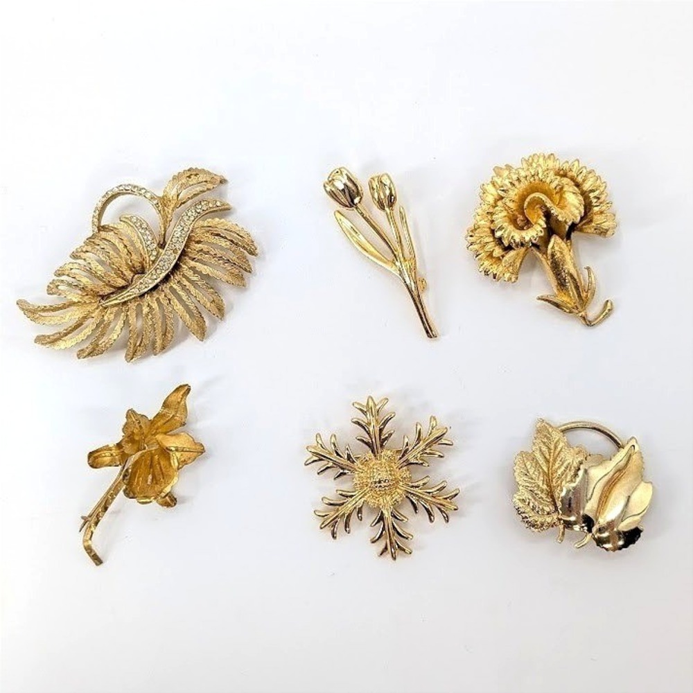 VTG‎ Gold Tone Brooch Scarf Clip Lot 6 pc Botanical Garden Party